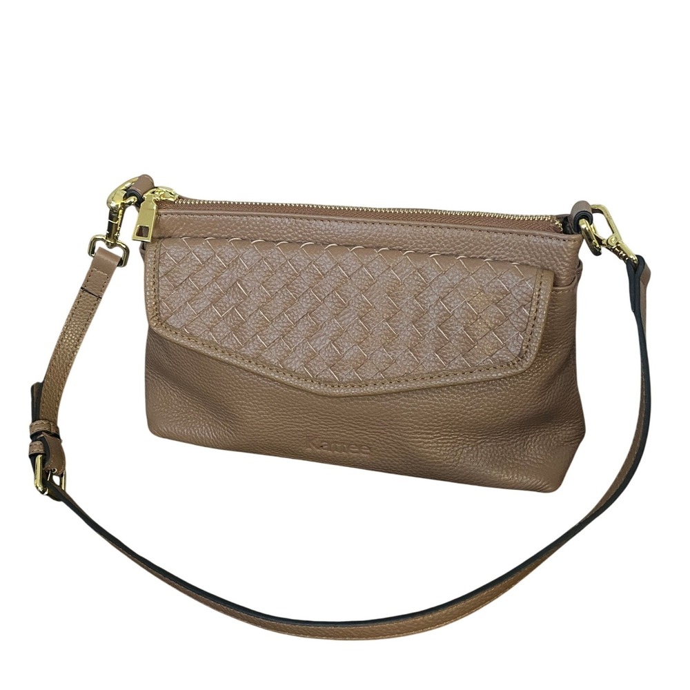 Kattee Womens Leather Shoulder Bag Taupe Brown Pebbled Woven Flap Zip Top Purse